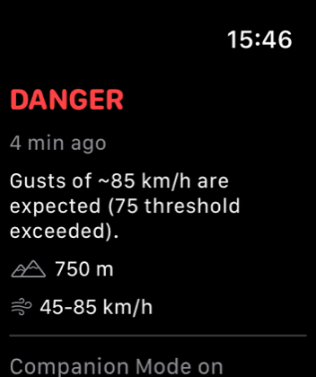 GRAT on Apple Watch showing DANGER